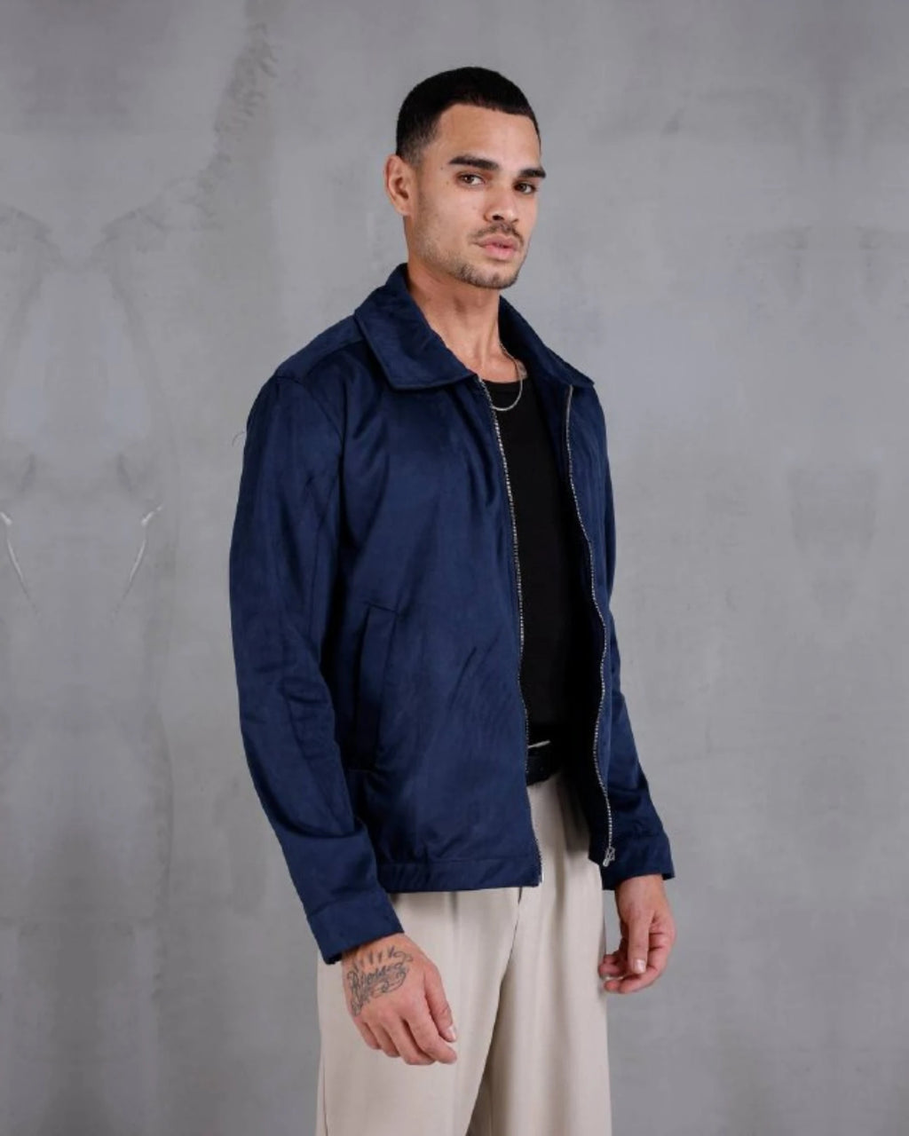 Faux Nubuck Shirt Collar Zip Jacket in navy, photo 2