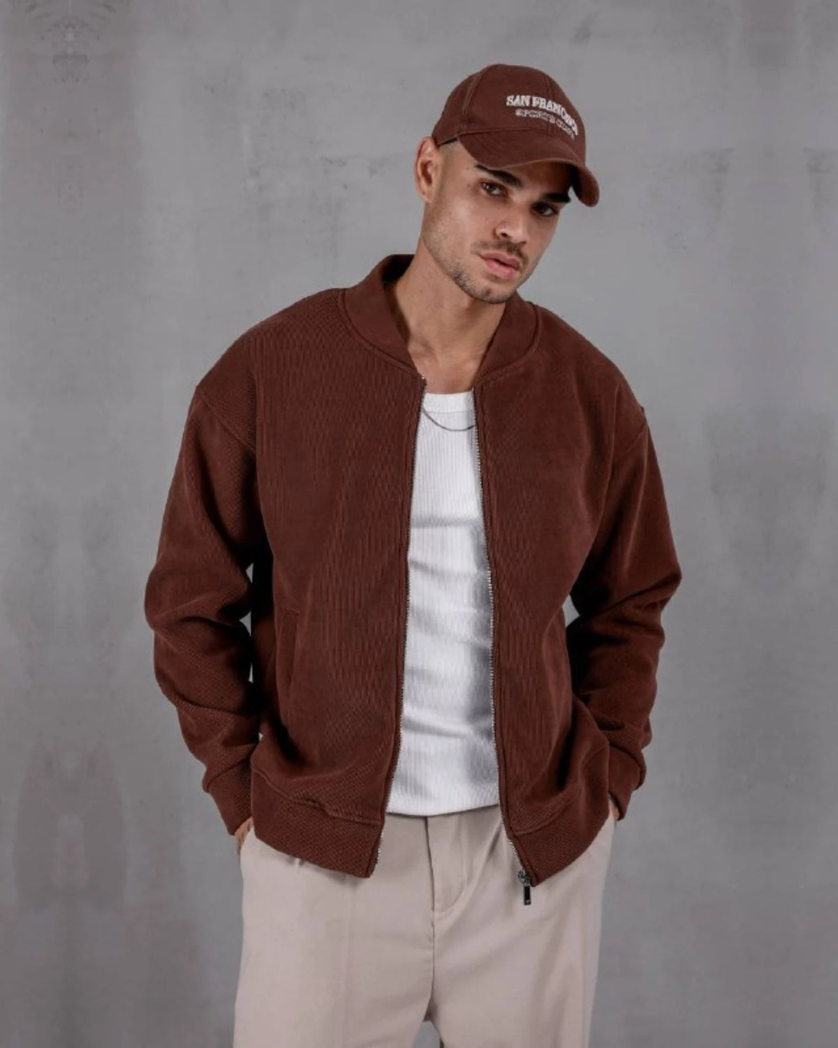 Oversized Laminated Chenille Varsity Jacket in rust, photo 1