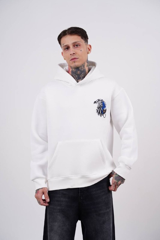 Blue Eagle Wings Graphic Oversized Hoodie in Cream - front view
