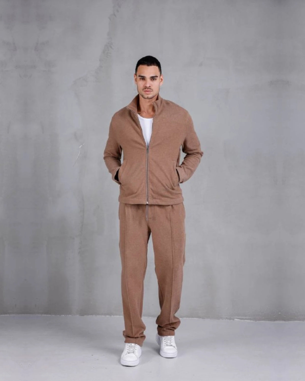 Piqué Knit Mock Neck Zip Sweatshirt in camel, photo 1