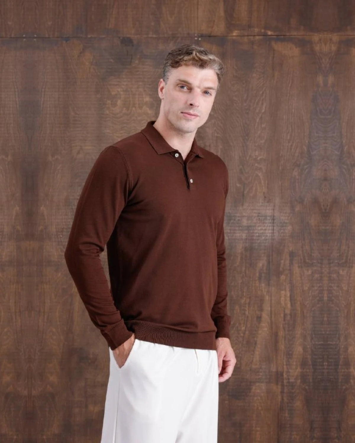Polo Collar Fine Knit Sweater in brown, photo 1
