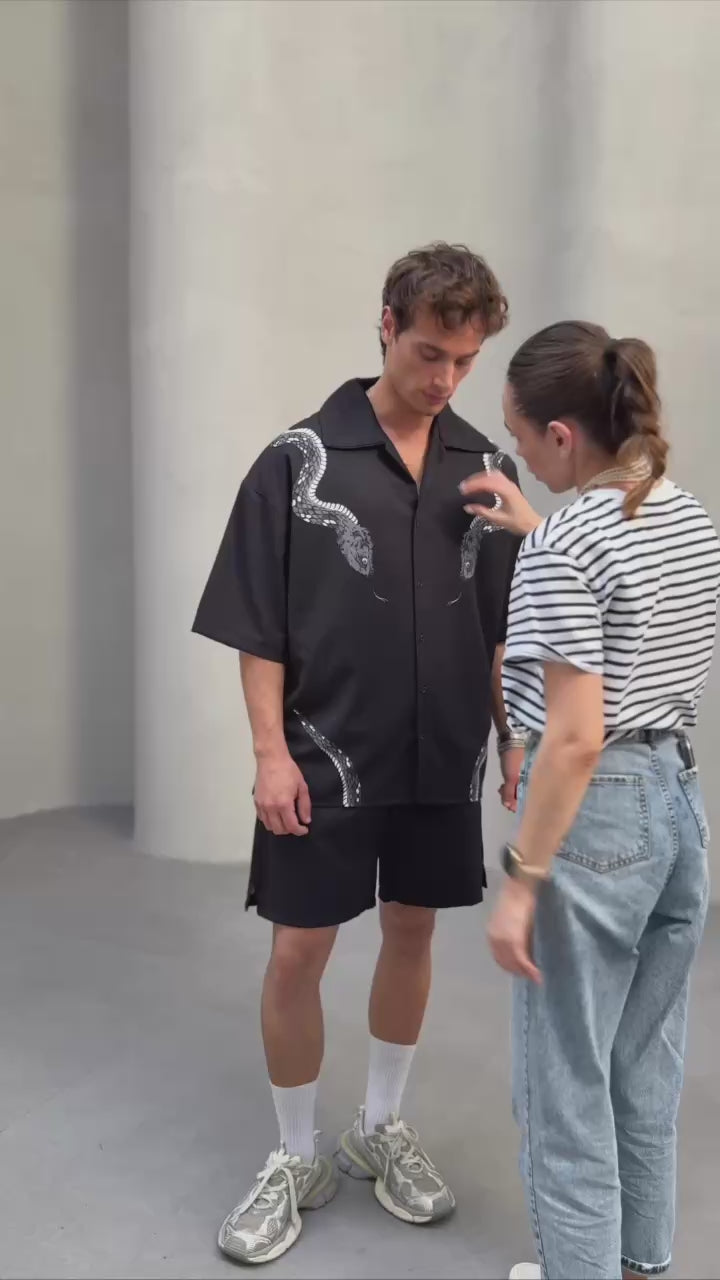 Snake Print Unisex Shirt – Black Button-Up.