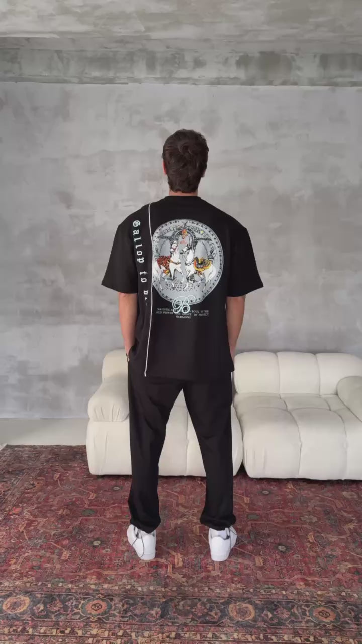 Unisex Cotton Joggers with Side Pattern / Black Streetwear Pants.