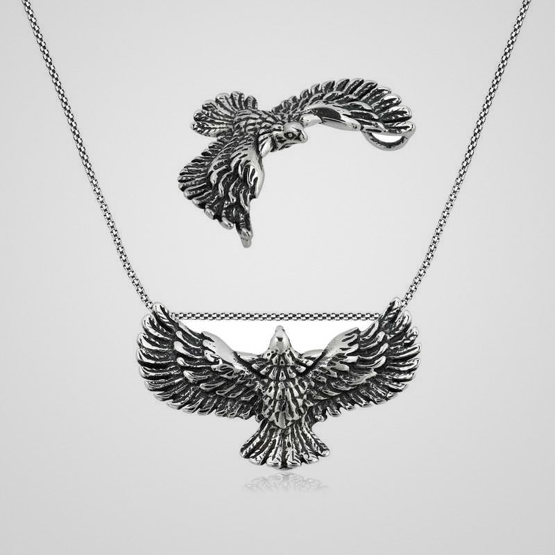 Men's oxidized 925 sterling silver soaring eagle pendant necklace