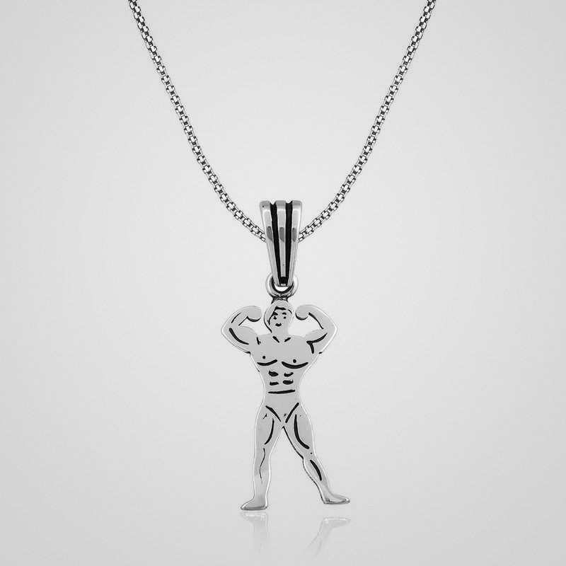 Men's rhodium-plated 925 sterling silver bodybuilder pendant necklace