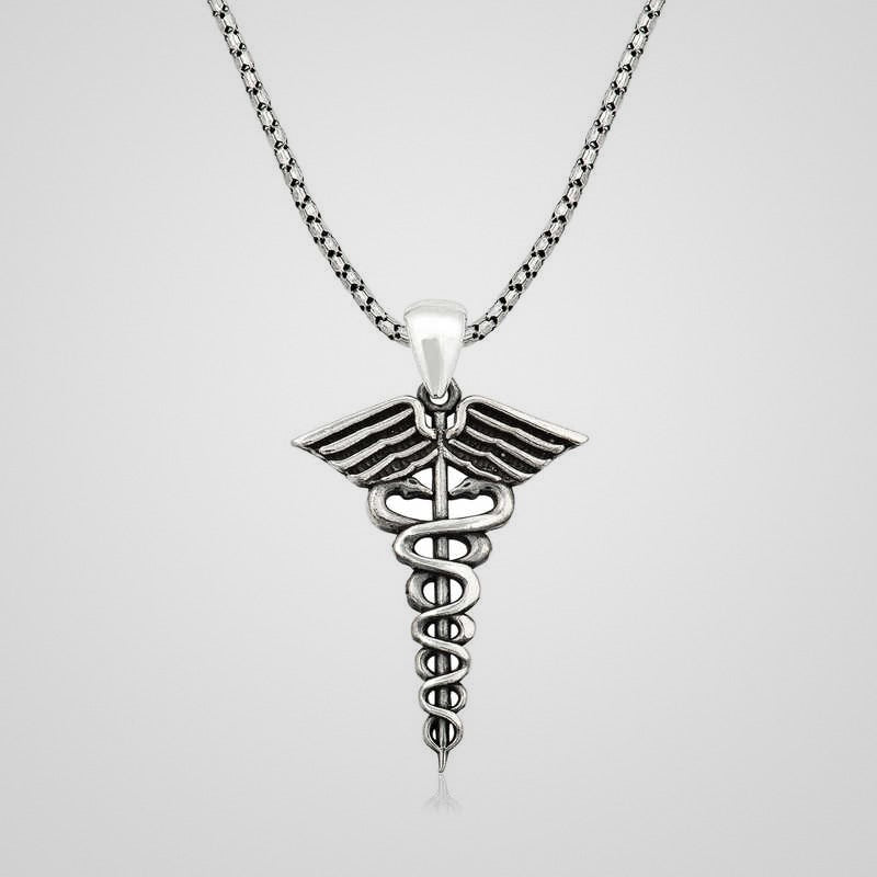 Men's oxidized 925 sterling silver caduceus medical symbol pendant necklace