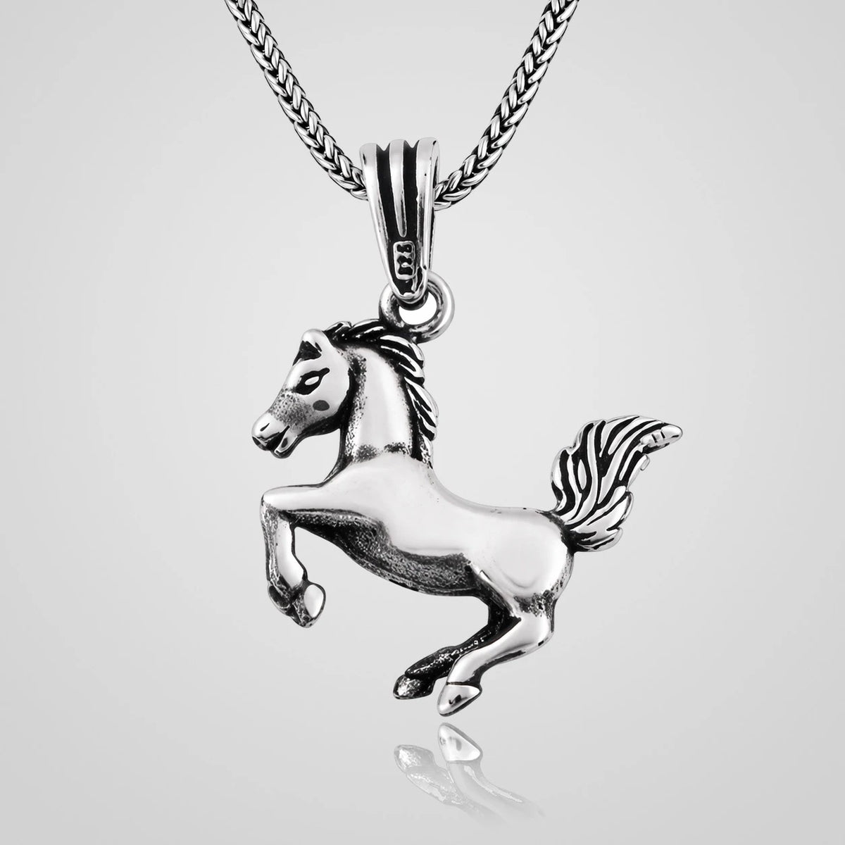 Men's oxidized 925 sterling silver rearing horse pendant necklace
