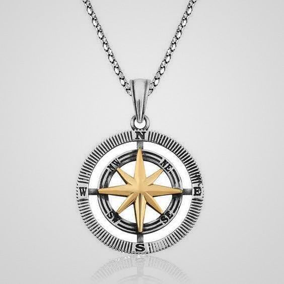 Men's double-sided oxidized 925 sterling silver compass pendant with gold-tone star