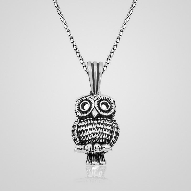 Men's oxidized 925 sterling silver owl pendant necklace