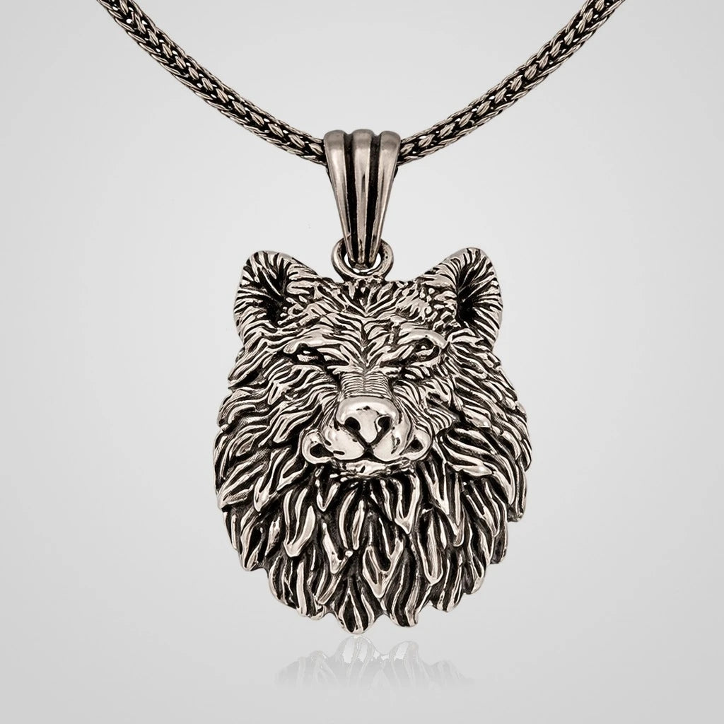 Men's oxidized 925 sterling silver wolf head pendant necklace
