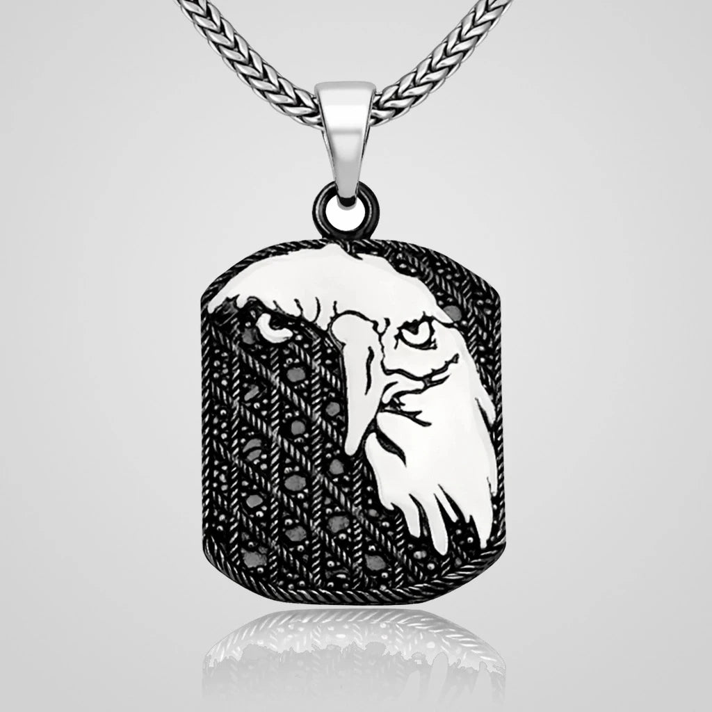 Men's oxidized 925 sterling silver eagle head pendant necklace