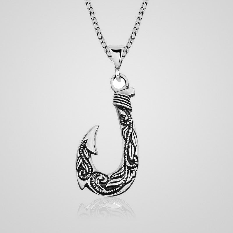 Men's oxidized 925 sterling silver fish hook pendant necklace