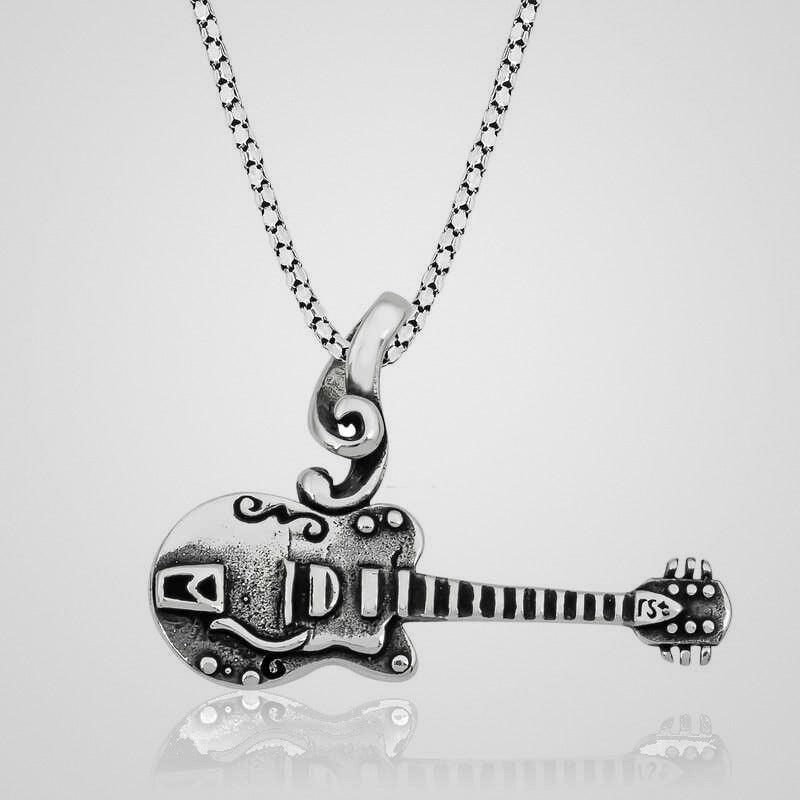 Men's oxidized 925 sterling silver guitar pendant necklace