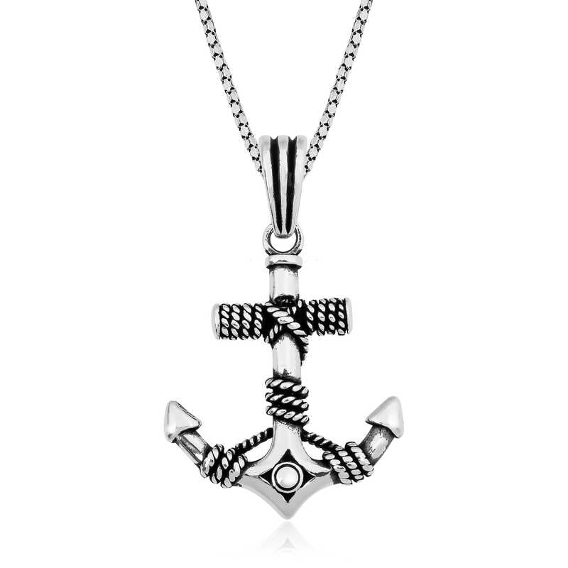 Men's oxidized 925 sterling silver ship anchor pendant necklace