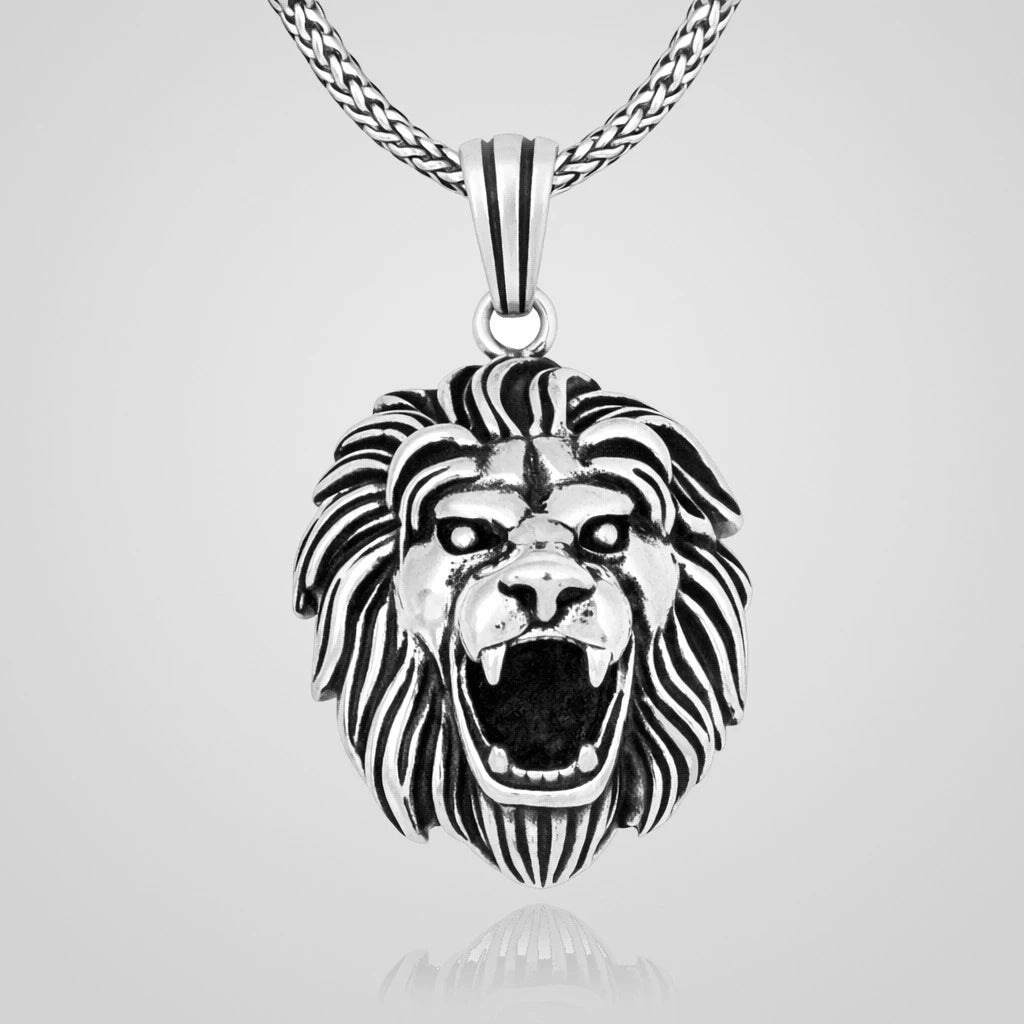 Men's oxidized 925 sterling silver roaring lion head pendant necklace