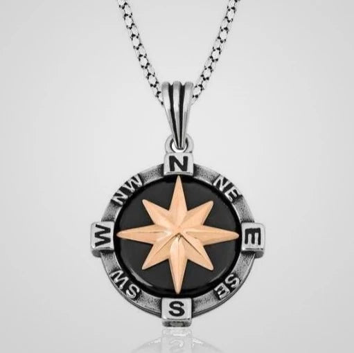 Men's double-sided oxidized 925 sterling silver compass pendant necklace