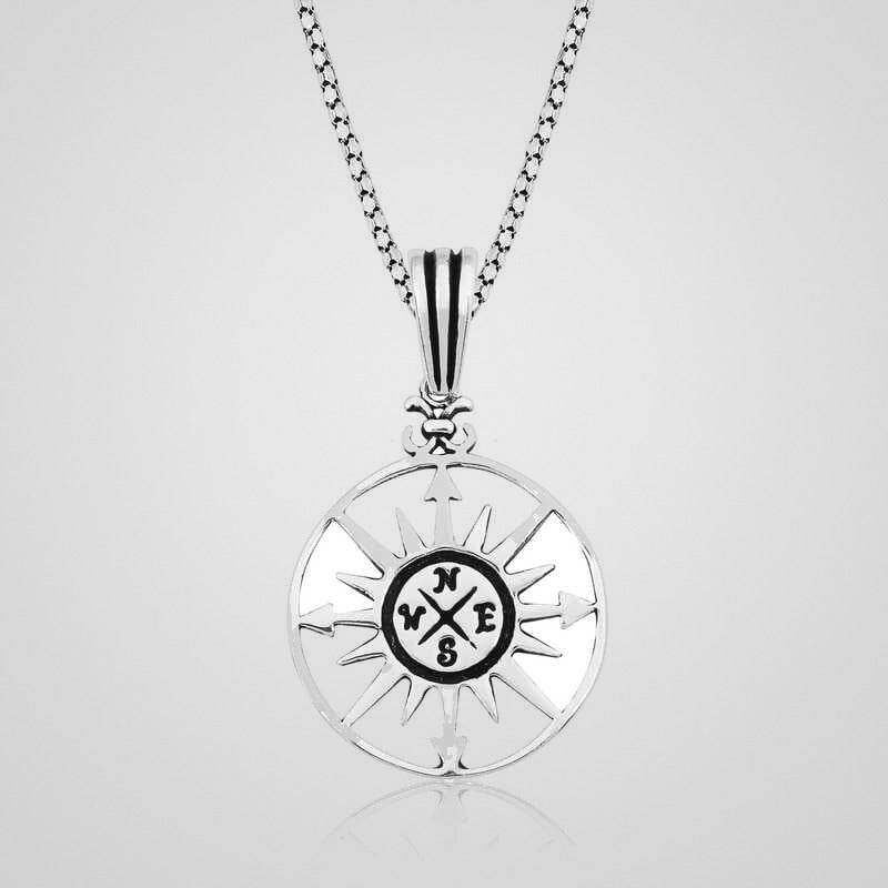 Men's double-sided oxidized 925 sterling silver compass rose pendant necklace