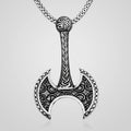Men's oxidized 925 sterling silver double-headed battle axe pendant necklace