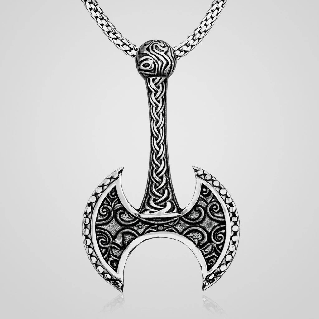 Men's oxidized 925 sterling silver double-headed battle axe pendant necklace