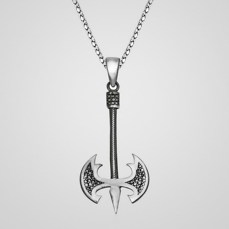 Men's oxidized 925 sterling silver double-headed battle axe pendant necklace