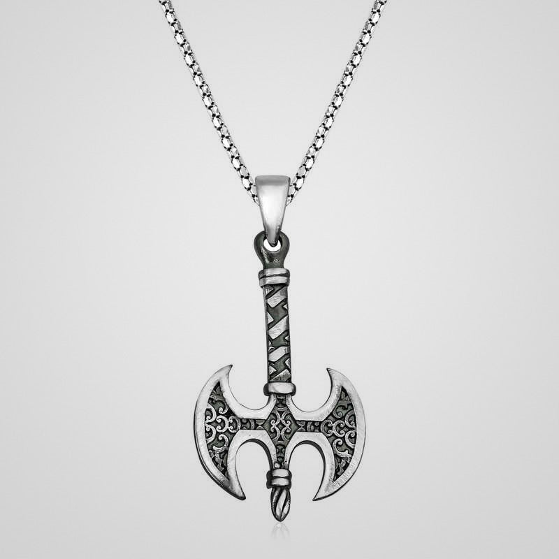 Men's oxidized 925 sterling silver double-bladed axe pendant necklace