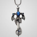 Men's oxidized 925 sterling silver coiled dragon sword pendant with sapphire-blue stone