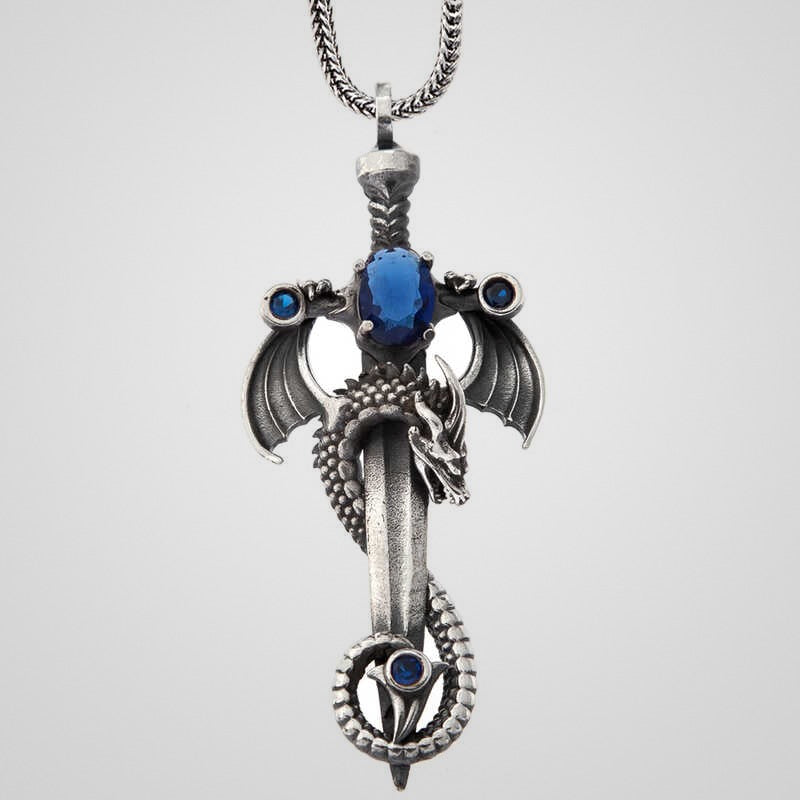 Men's oxidized 925 sterling silver coiled dragon sword pendant with sapphire-blue stone