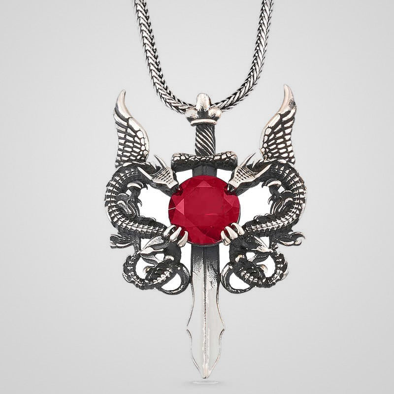 Men's oxidized 925 sterling silver dragon sword pendant necklace with red stone