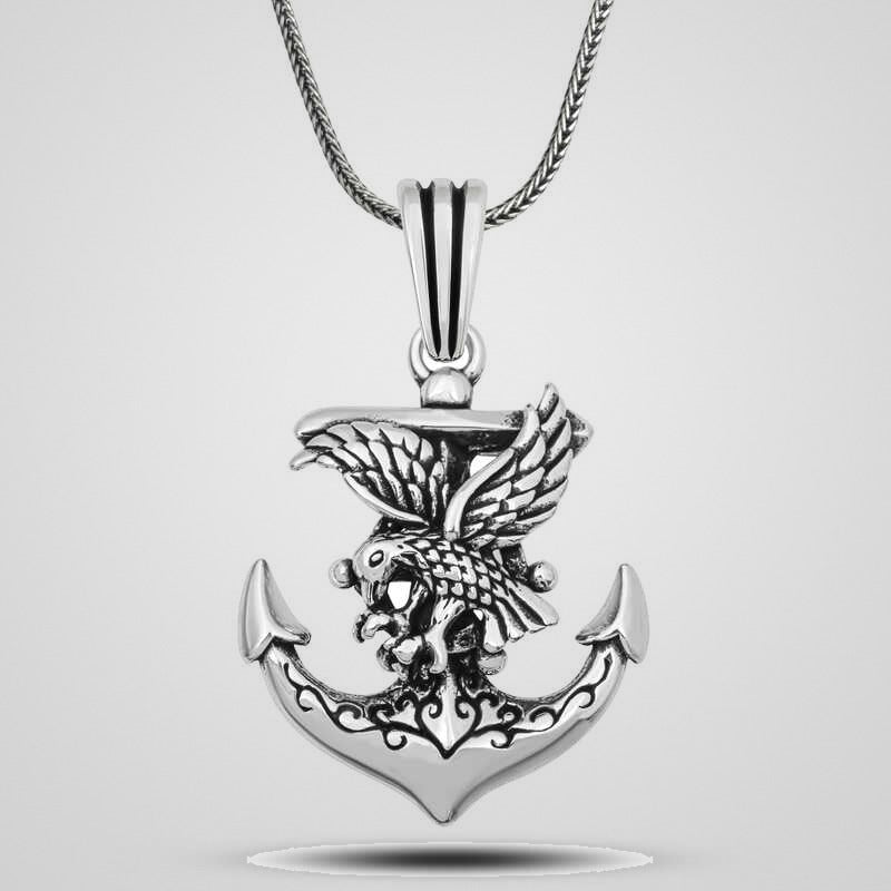 Men's oxidized 925 sterling silver eagle and anchor pendant necklace