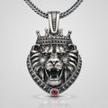 Men's oxidized 925 sterling silver crowned lion head pendant necklace with red stone