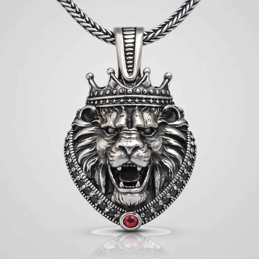 Men's oxidized 925 sterling silver crowned lion head pendant necklace with red stone