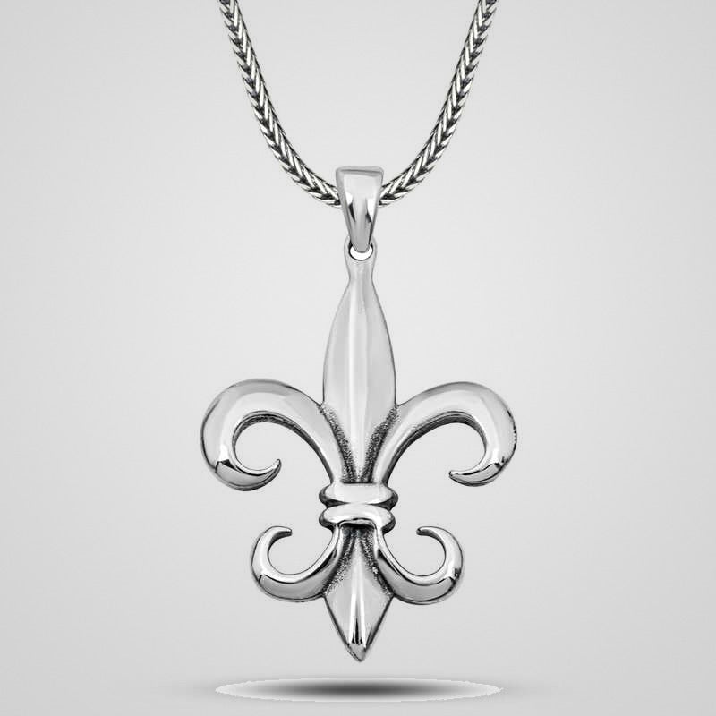 Men's oxidized 925 sterling silver fleur-de-lis pendant necklace