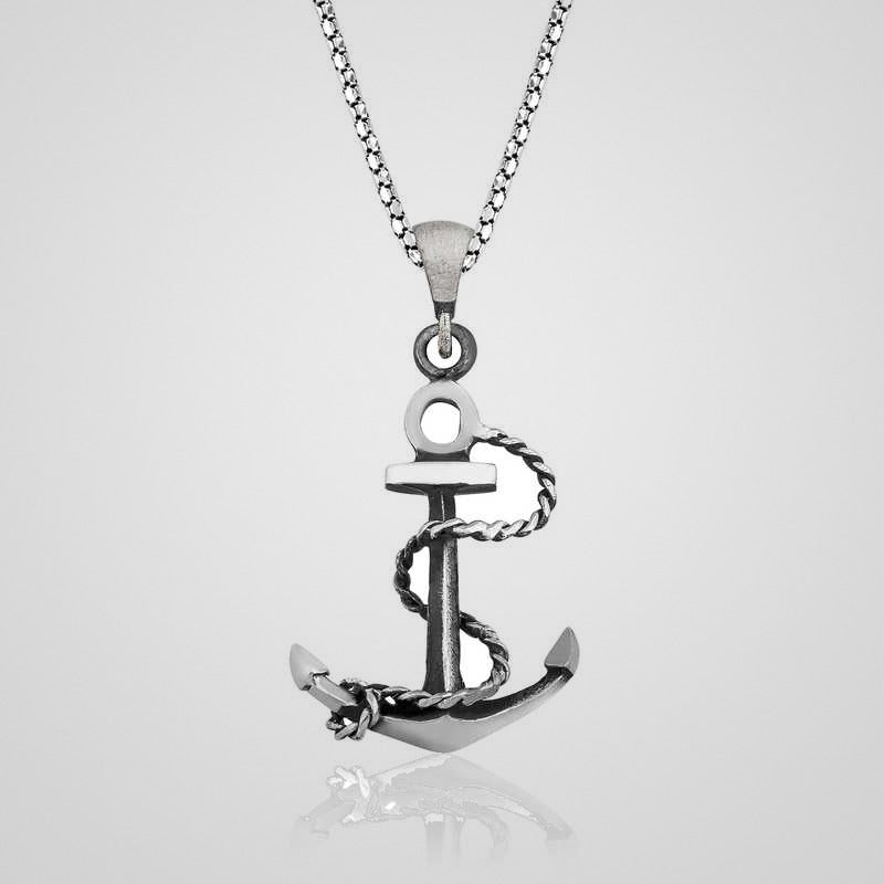 Men's oxidized 925 sterling silver anchor pendant necklace with wrapped rope