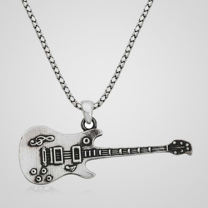 Men's oxidized 925 sterling silver electric guitar pendant necklace