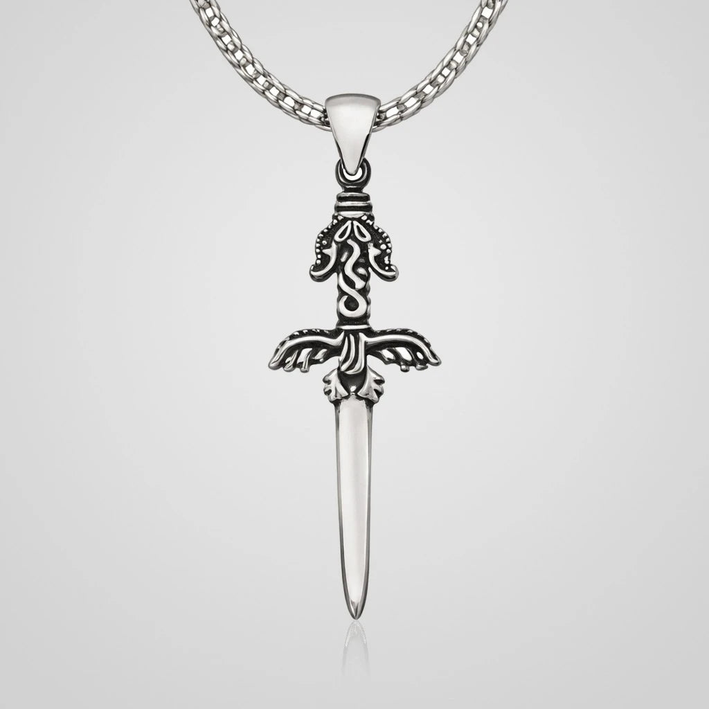 Men's oxidized 925 sterling silver ornate hilt sword pendant necklace