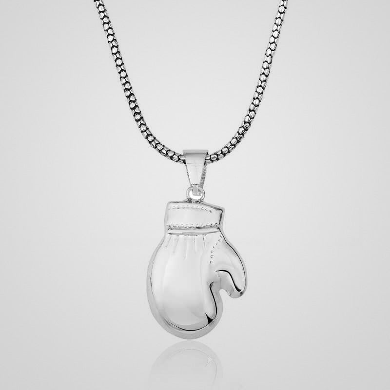 Men's rhodium-plated 925 sterling silver boxing glove pendant necklace