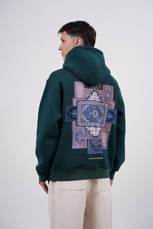 Purple Medallion Tile Art Oversized Hoodie in Green - back view