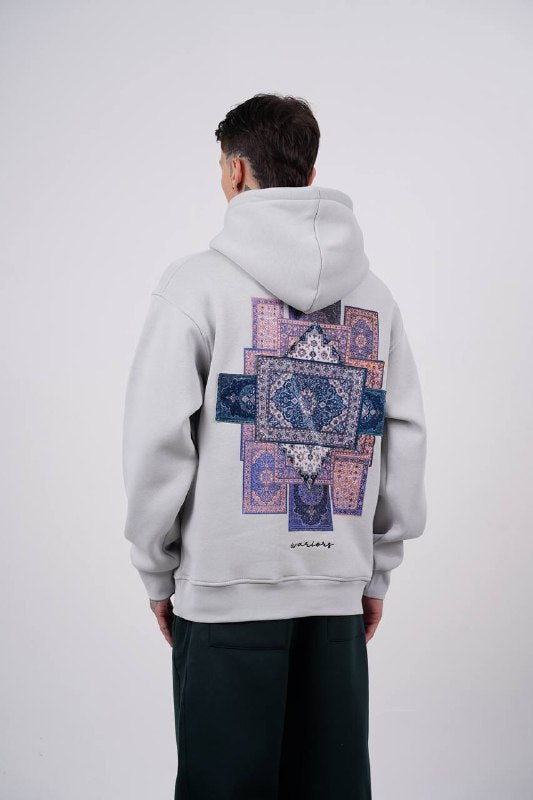 Purple Medallion Tile Art Oversized Hoodie in Grey - back view
