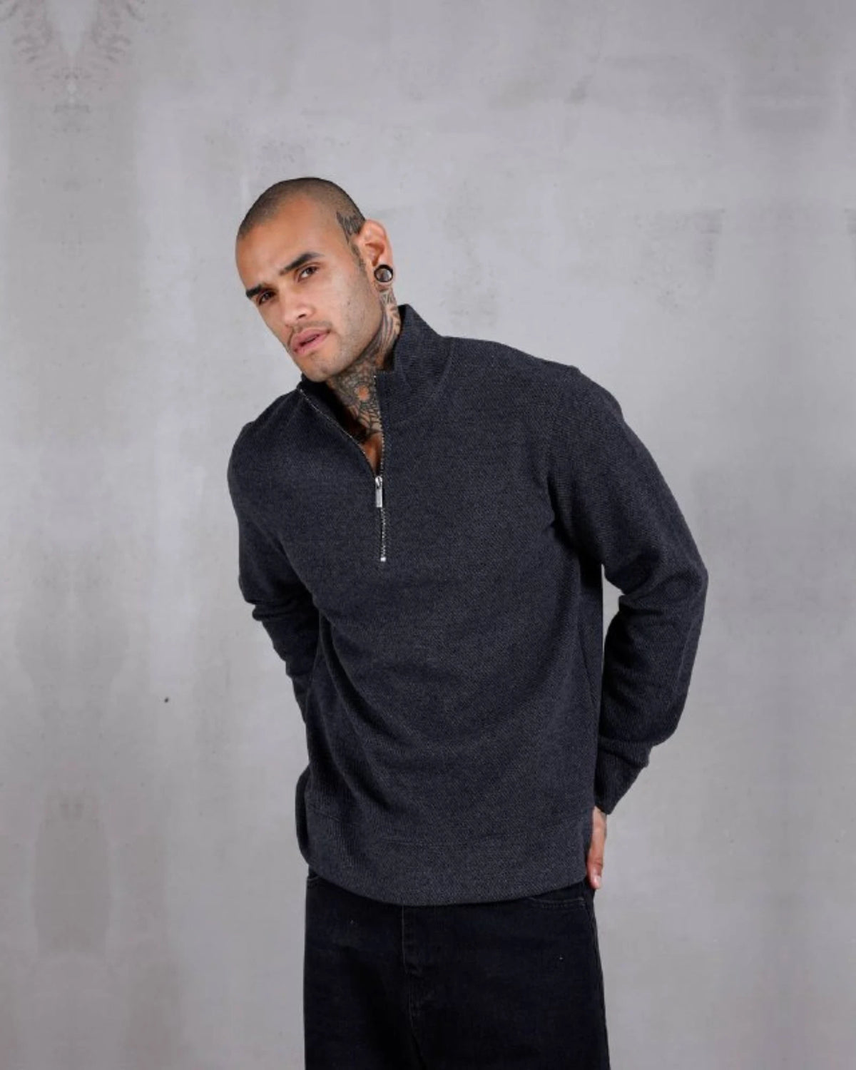 Recycled Knit Half-Zip Mock Neck Sweatshirt in anthracite, photo 1