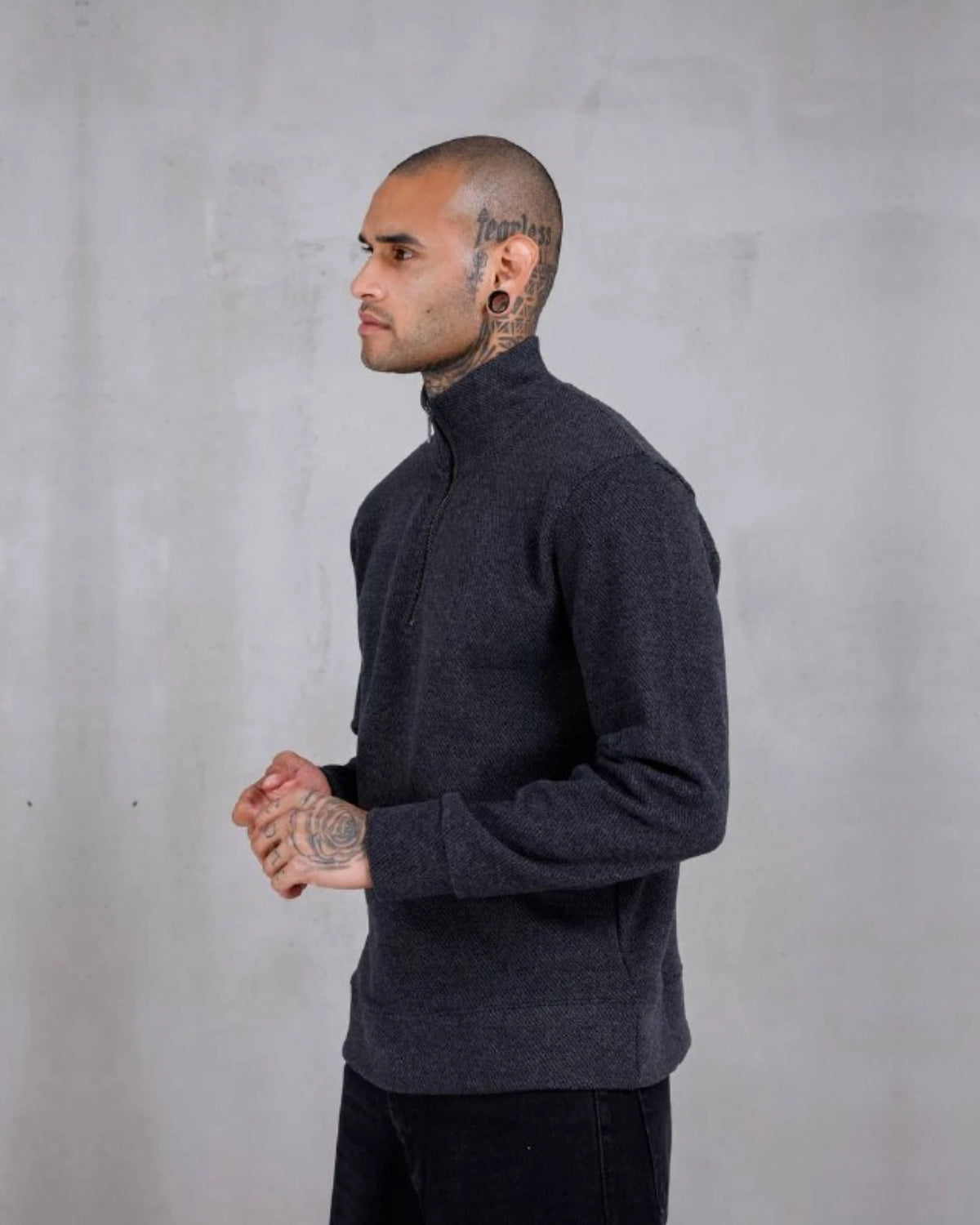 Recycled Knit Half-Zip Mock Neck Sweatshirt in anthracite, photo 2