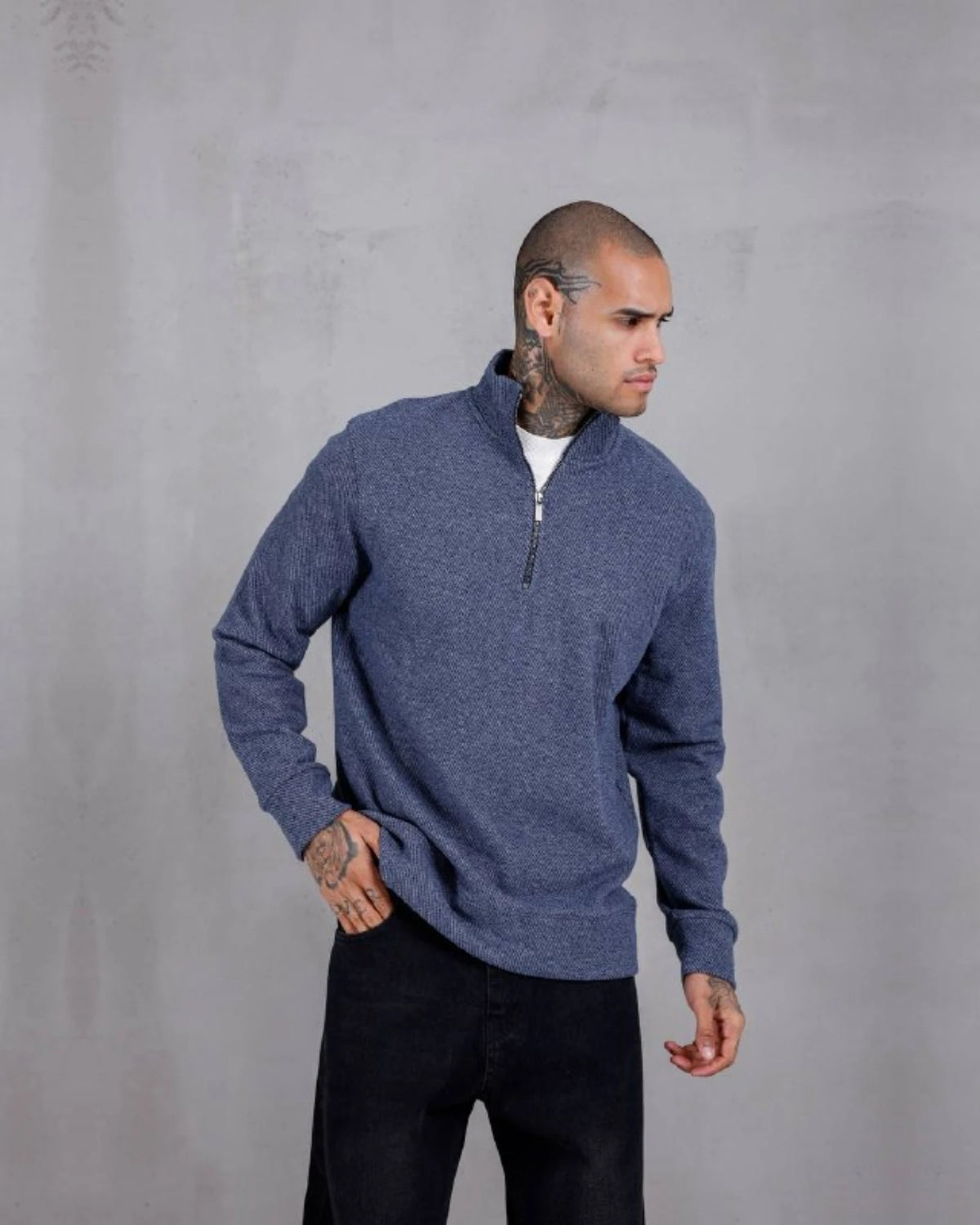 Recycled Knit Half-Zip Mock Neck Sweatshirt in blue, photo 1