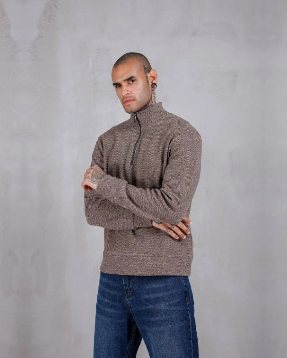 Recycled Knit Half-Zip Mock Neck Sweatshirt in mink, photo 2