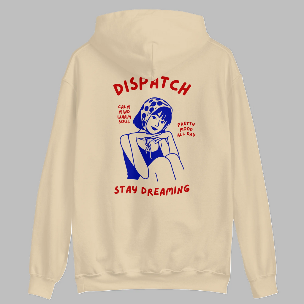 Sand beige pullover hoodie with retro Dispatch Stay Dreaming girl illustration graphic back print