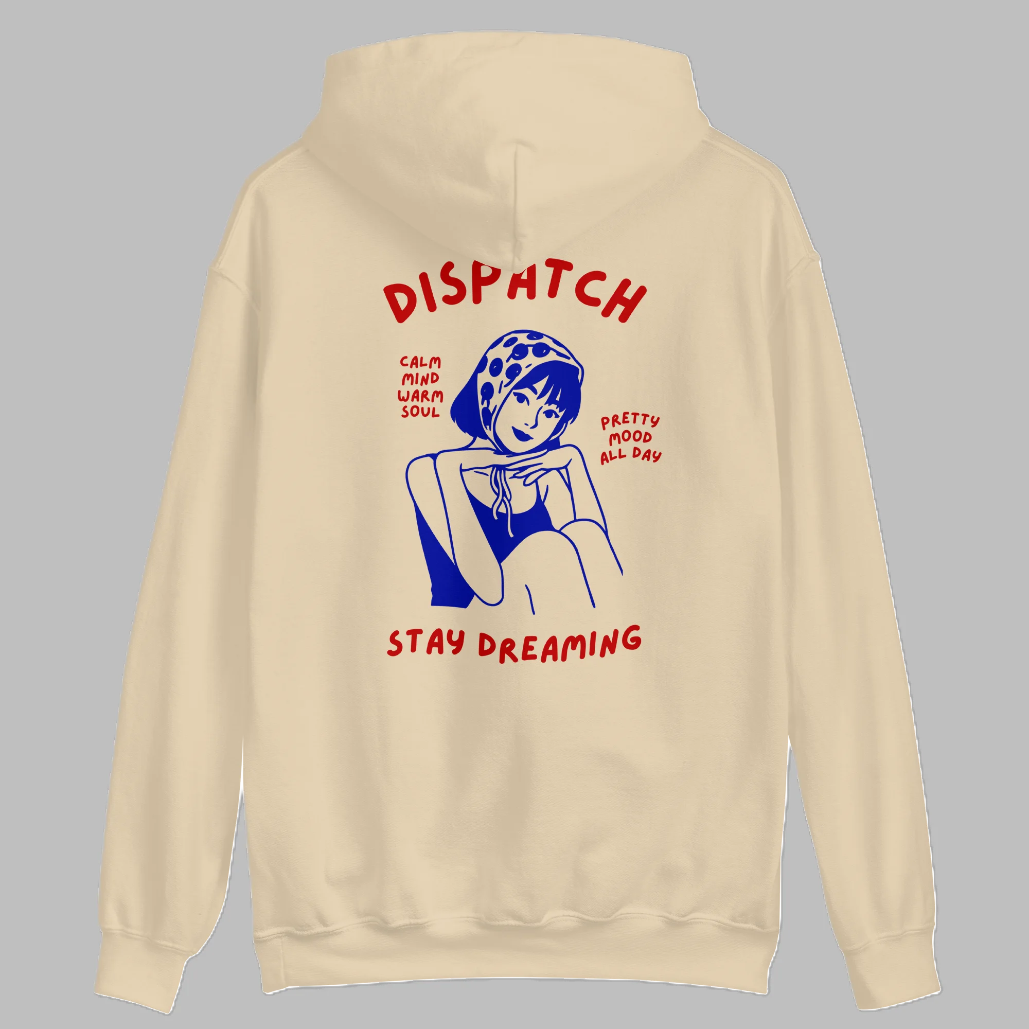 Sand beige pullover hoodie with retro Dispatch Stay Dreaming girl illustration graphic back print