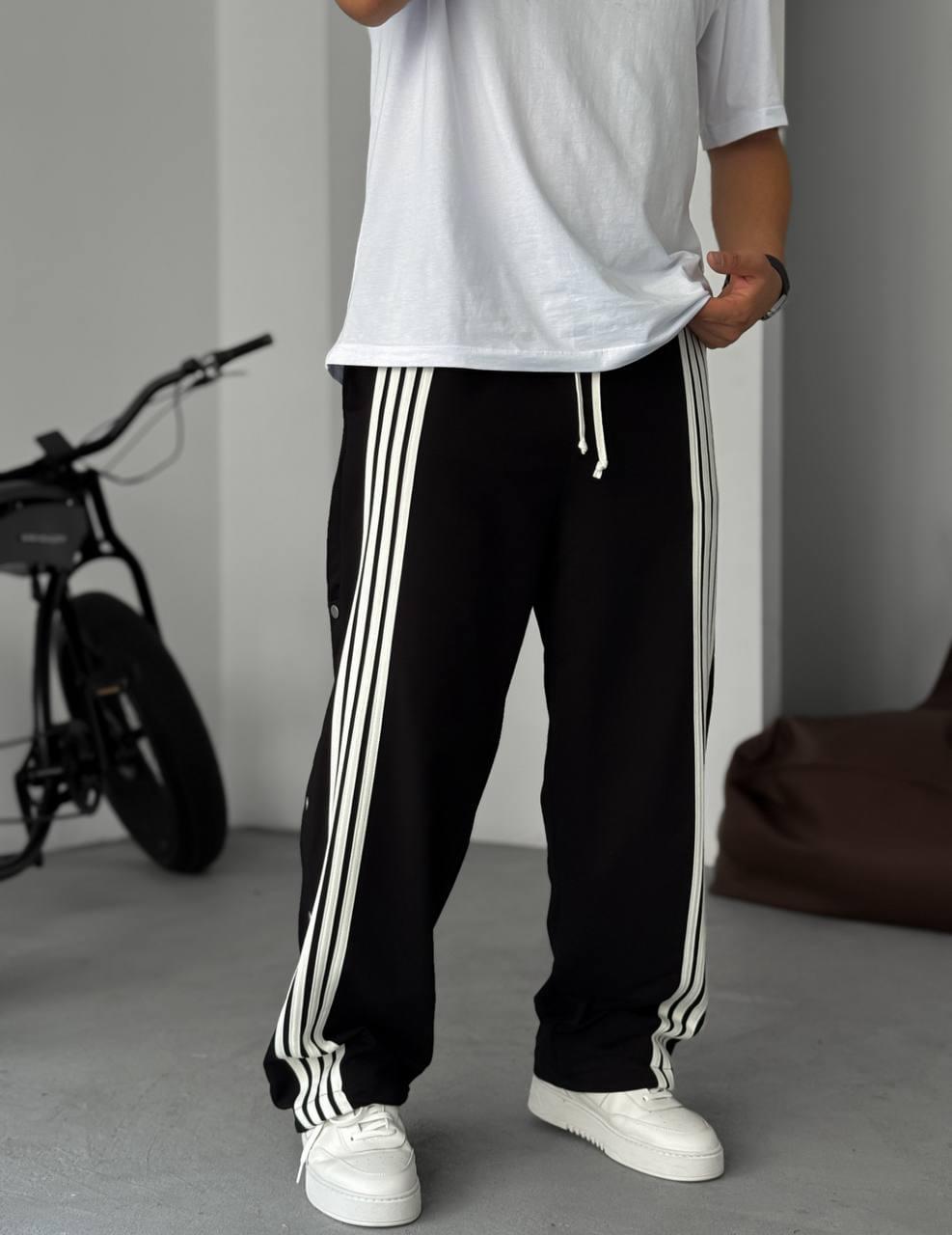 Unisex Oversize Tearaway Track Pants with Side Stripes – Black