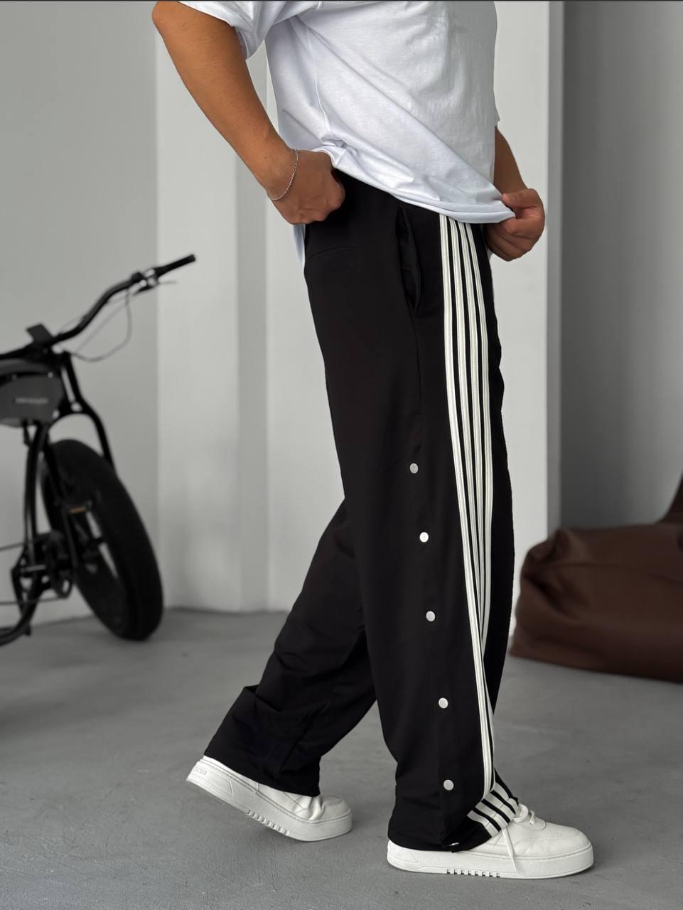 Unisex Oversize Tearaway Track Pants with Side Stripes – Black