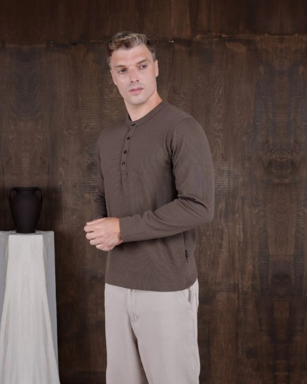 Ribbed Henley Sweatshirt in mink, photo 1