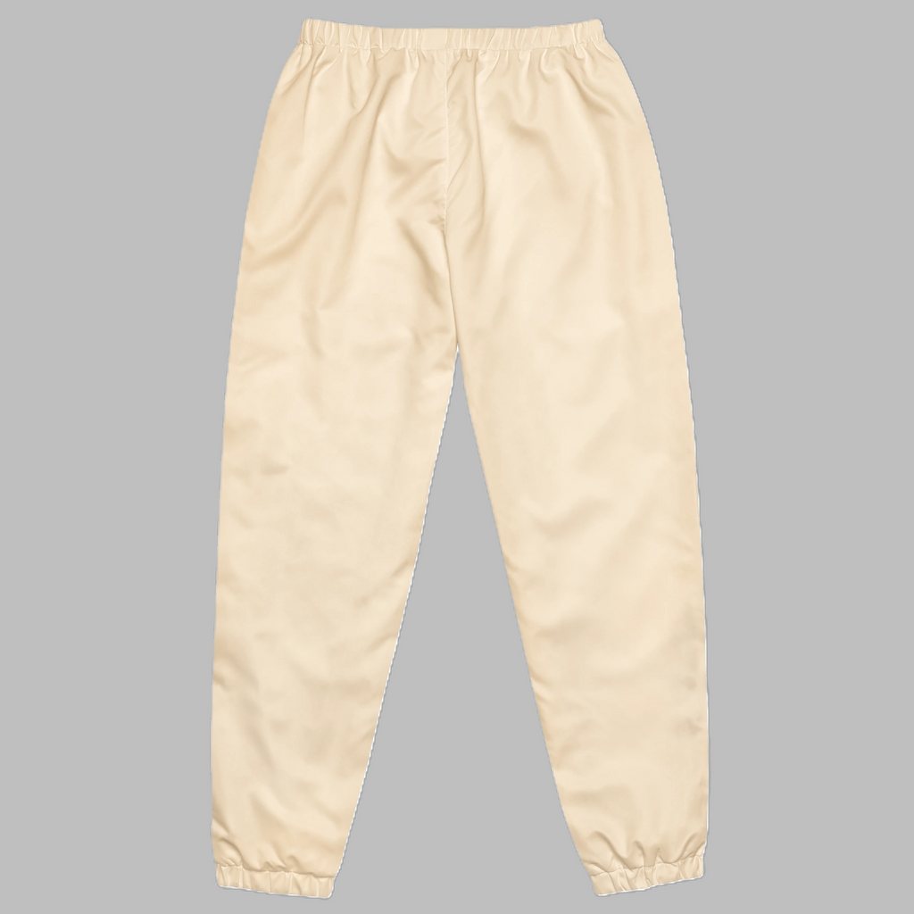 Sand beige unisex streetwear track pants with elastic waistband and cuffs back view
