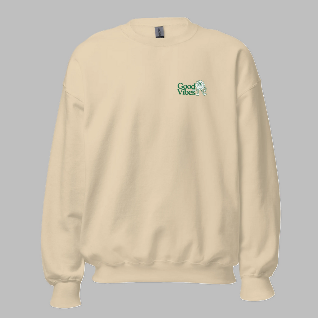 Sand beige crewneck sweatshirt with green Good Vibes chest logo front view