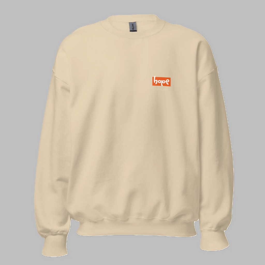 Sand beige crewneck sweatshirt with orange Hope logo box chest print front view